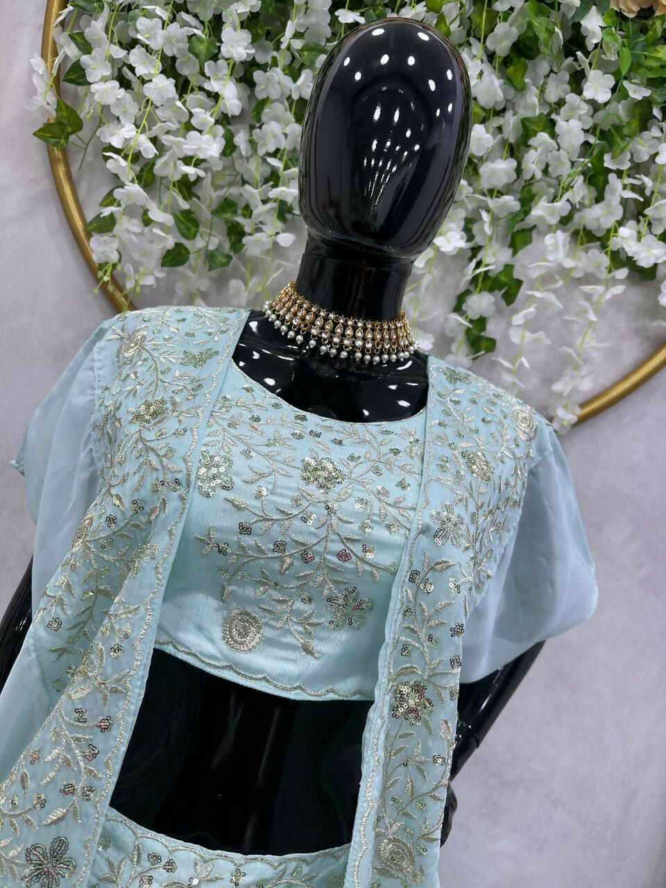 Jyoti Fashion Women's Sky Blue Chinon Sequins with Thread Embroidered Designer Lehenga Choli with Shrug Set