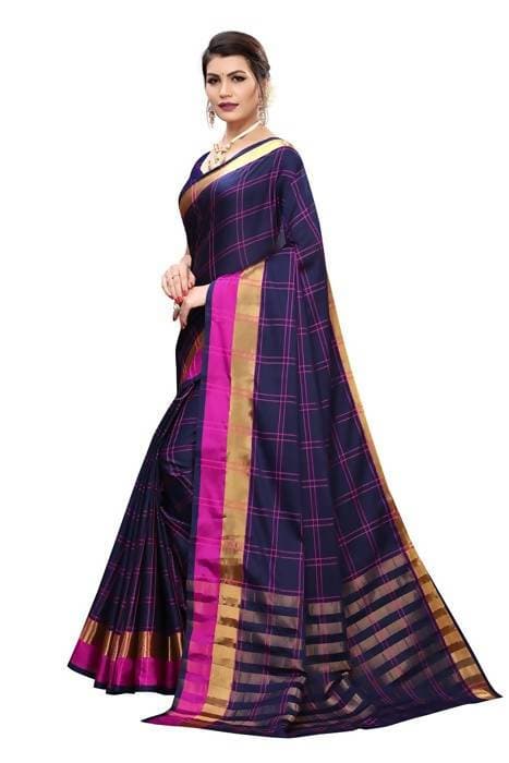 Vamika Navy Cotton Silk Weaving Saree (Rimi Checks Navy)