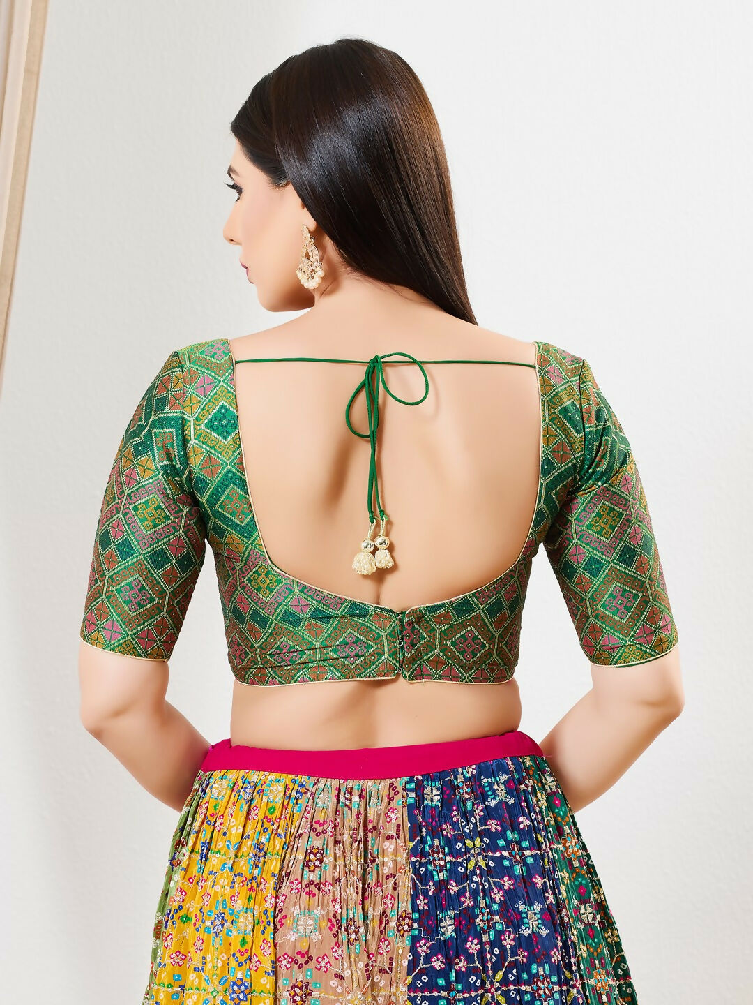 Joban Fashion Green Multi Brocade Padded Blouse With Sweetheart Neck Elbow Sleeves