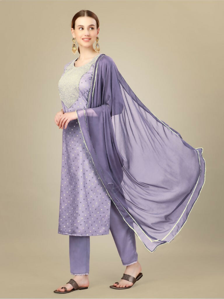 Jyoti Fashion Women's Lavender Silk Blend Embroidery & Sequence work Kurta with Trouser & Dupatta
