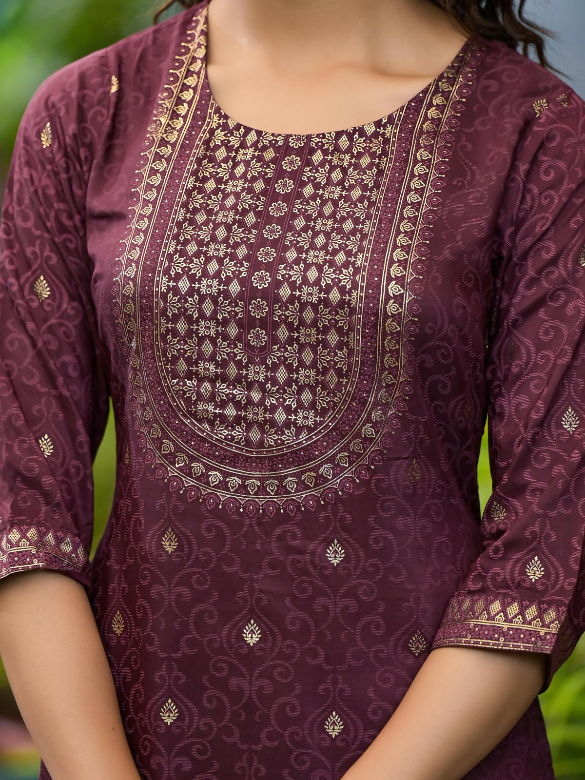 Juniper Women's Wine Ethnic Motif Printed Muslin Kurta Set With Zari Work & Gota Patti
