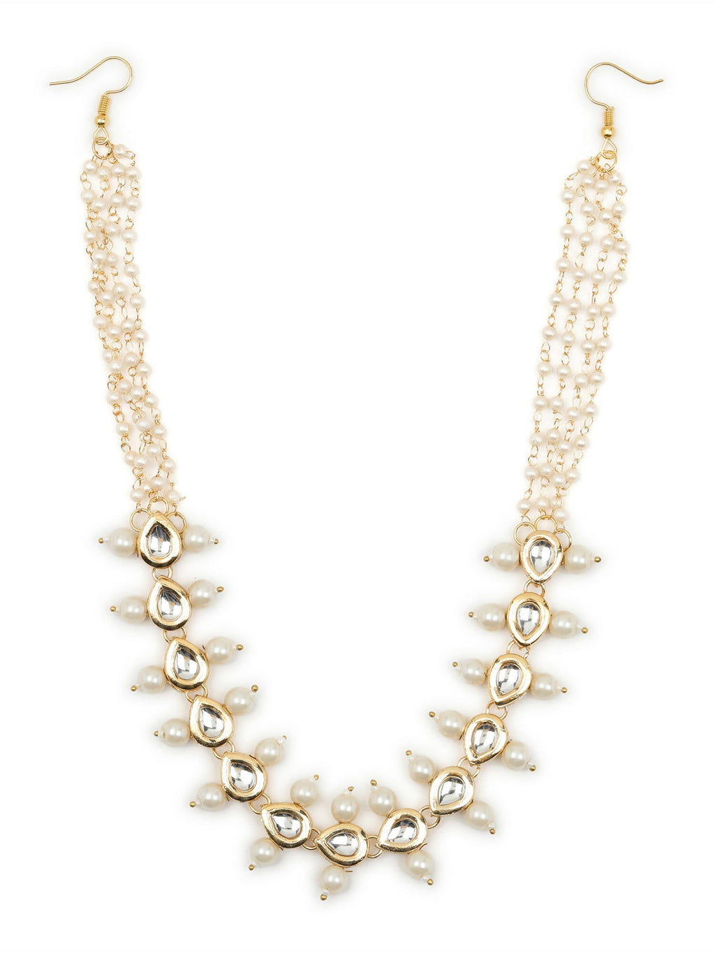 Gold-Polished White Kundan-Studded Pearl Beaded Hair Band - Ruby Raang