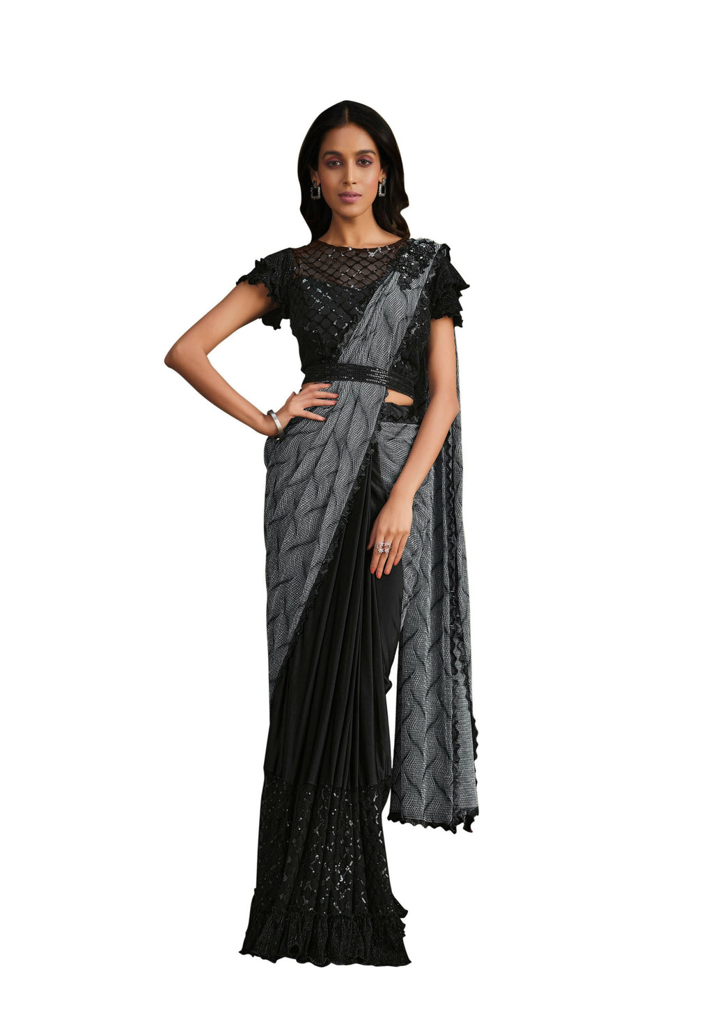 Grey & Black Crystal Crepe Sequence Embroidered Withtexture Saree With Stitched Blouse - Mohmanthan La Belle