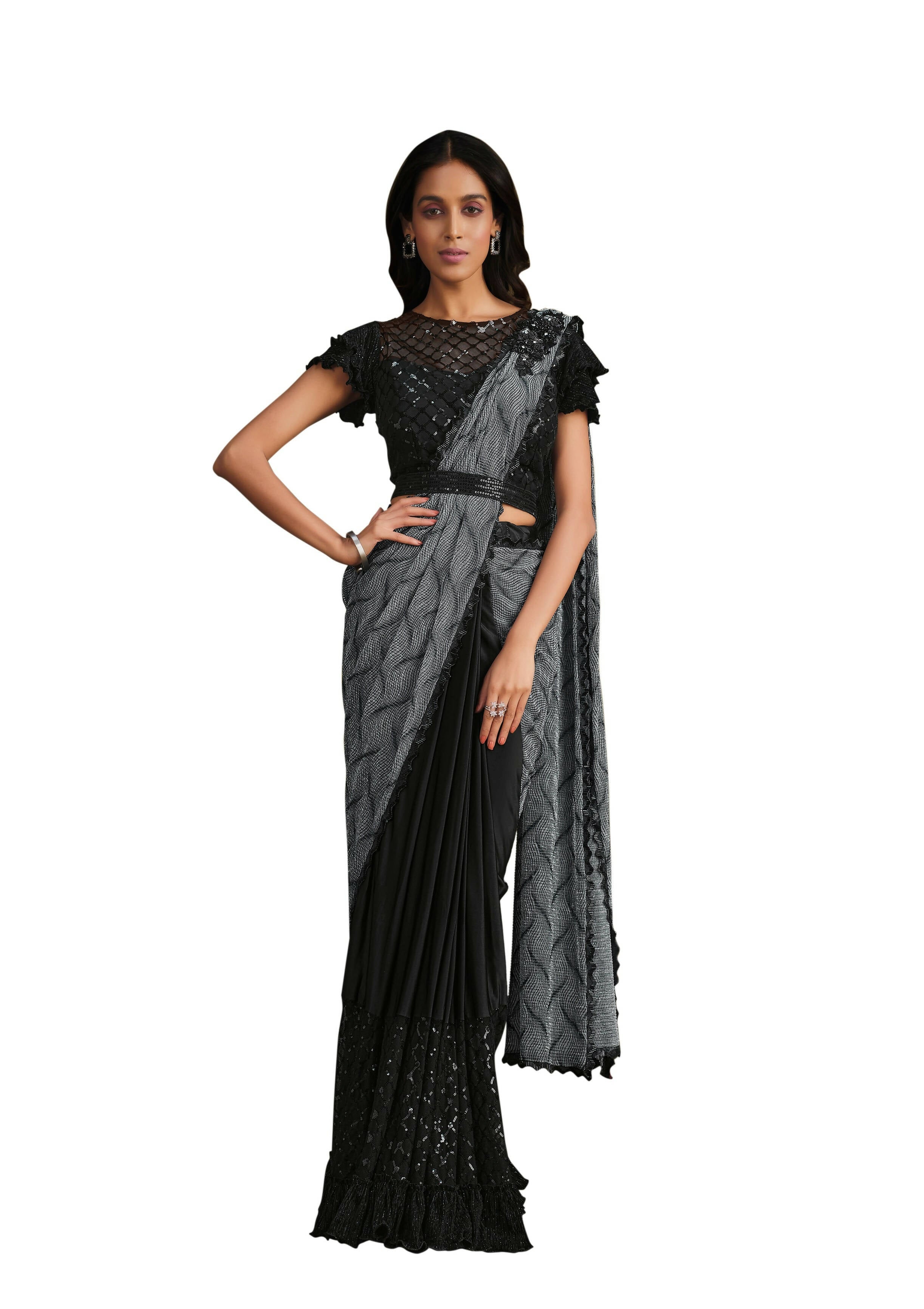 Grey & Black Crystal Crepe Sequence Embroidered Withtexture Saree With Stitched Blouse - Mohmanthan La Belle