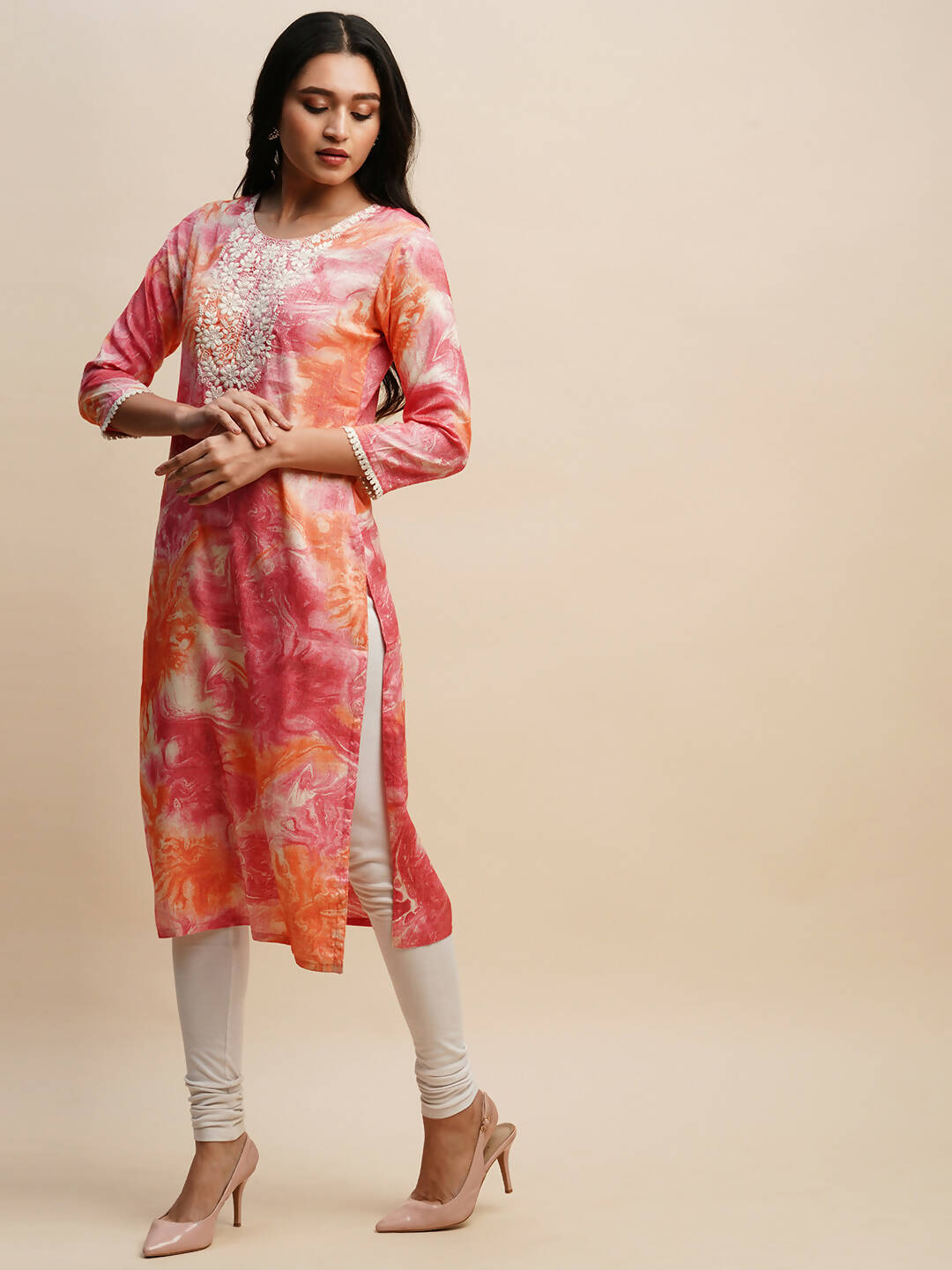 Pink Poly Rayon Tie dye Printed Straight Kurta - Samira