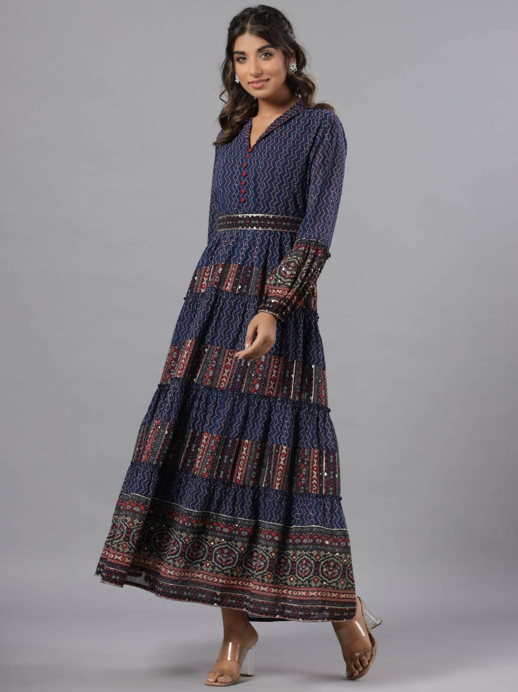 Juniper Women Navy Blue Georgette Printed Tiered Maxi Dress