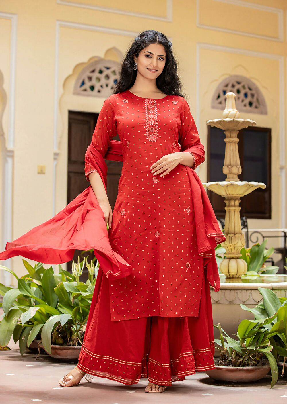 Kaajh Women's Red Gold Printed Cotton Kurta Sharara With Dupatta Set