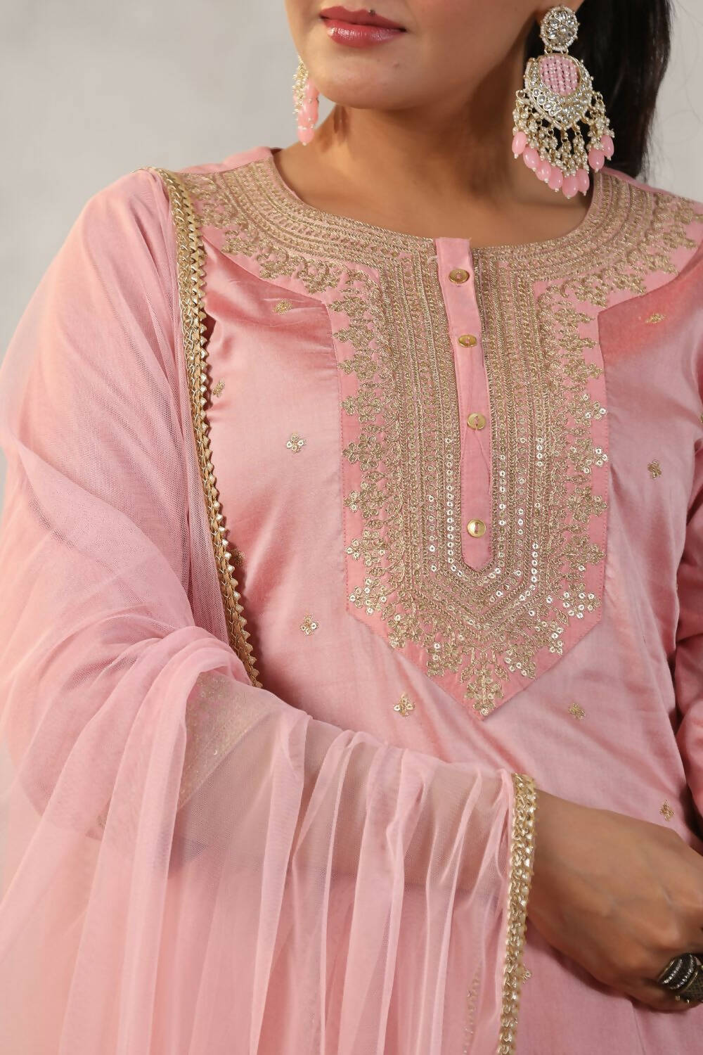 Juniper Women Peach Embroidered Kurta, Pants and Dupatta Set