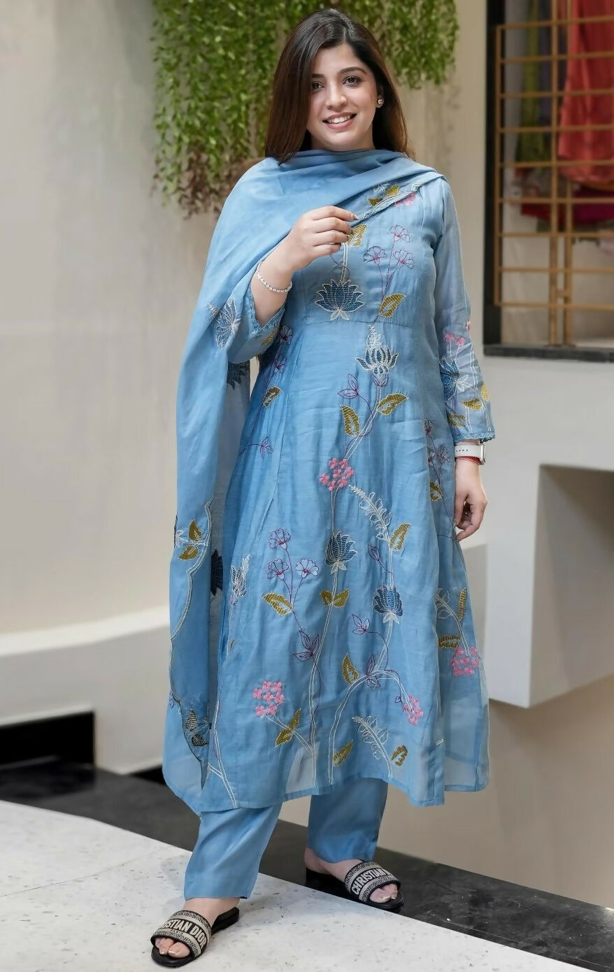 The52 Blue Women's Beautiful Cotton Fabric Thread Work Straight Kurta, Pant and Dupatta Set