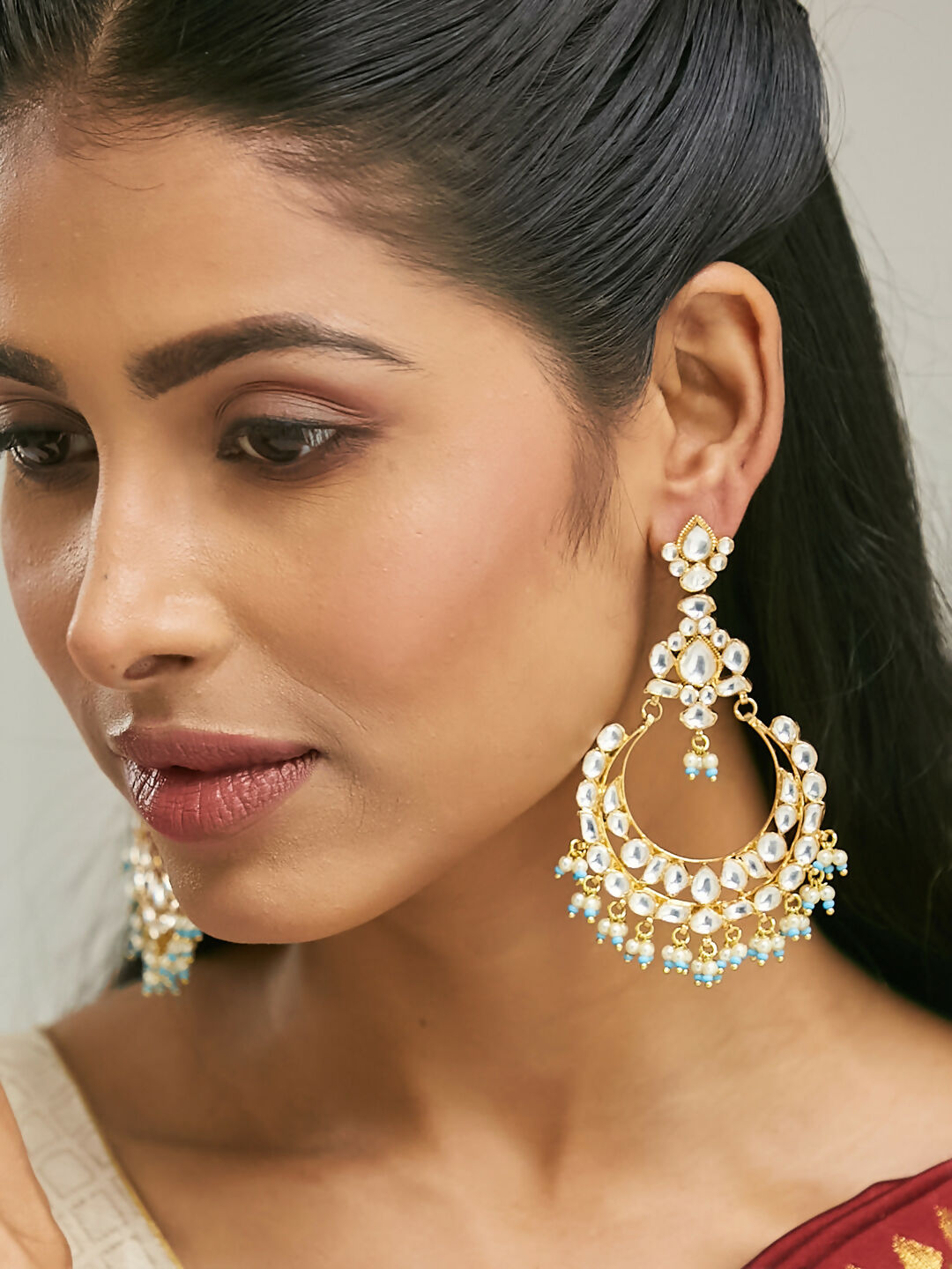 Nuyug 22K Gold-Plated Kundan Stone Studded & Pearl Beaded Chandbalis