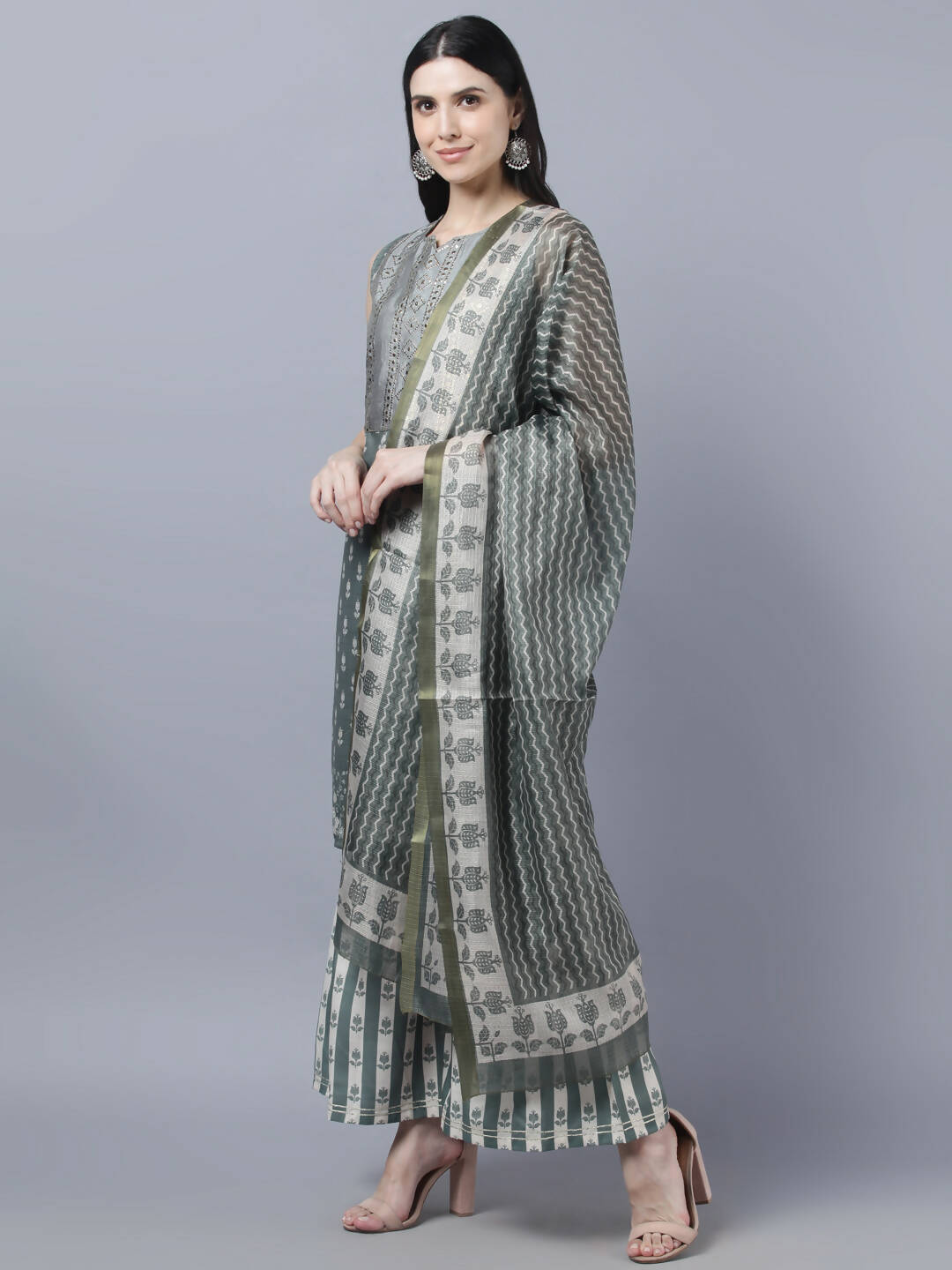 Myshka Women Grey Ethnic Motifs Printed Kurta with Shararas With Dupatta Set