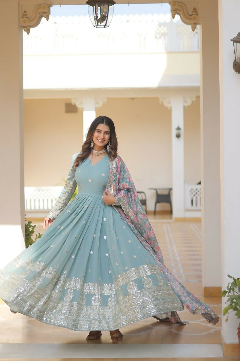 Jyoti Fashion Women's Sky Blue Faux Georgette Sequins Zari Embroideredy Anarkali Dress with Dupatta