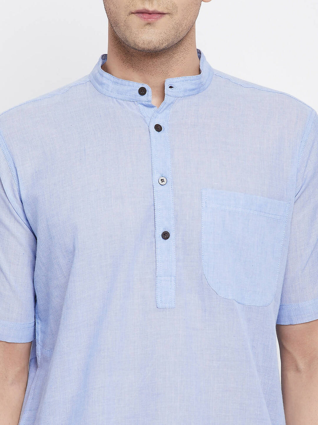 Even Apparels Blue Pure Cotton Men's H/S Kurta With Band Collar