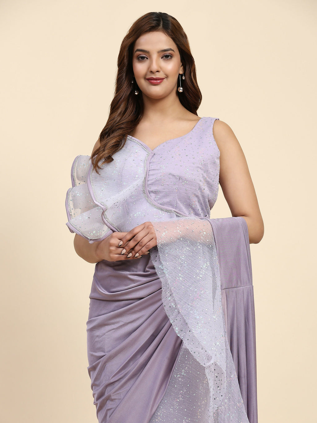 Light Purple Lycra Solid Ready to Wear Saree with stitched Blouse - Nita