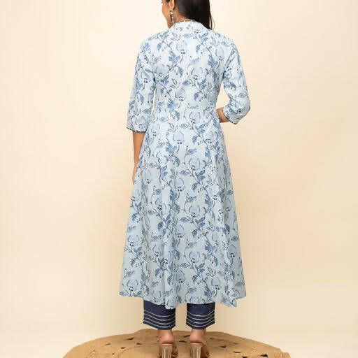 FIORRA Women's Light Blue Cotton Flared Kurta Pant with Dupatta