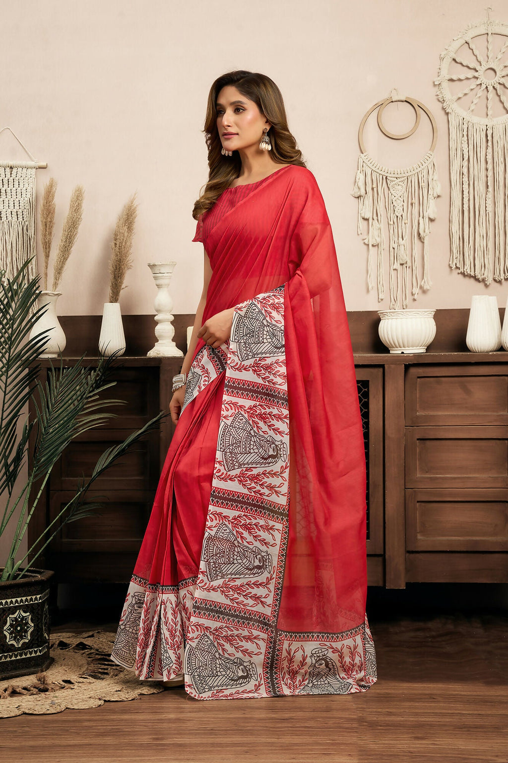 Vastranavya Red Digital Printed Linen Ready To Wear Designer Saree with Unstitched Blouse