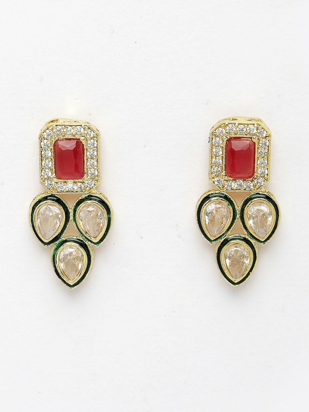 NVR Women's Set of 2 Red & Gold Kundan Studded Jewellery Set Choker & Long Necklace With Earrings