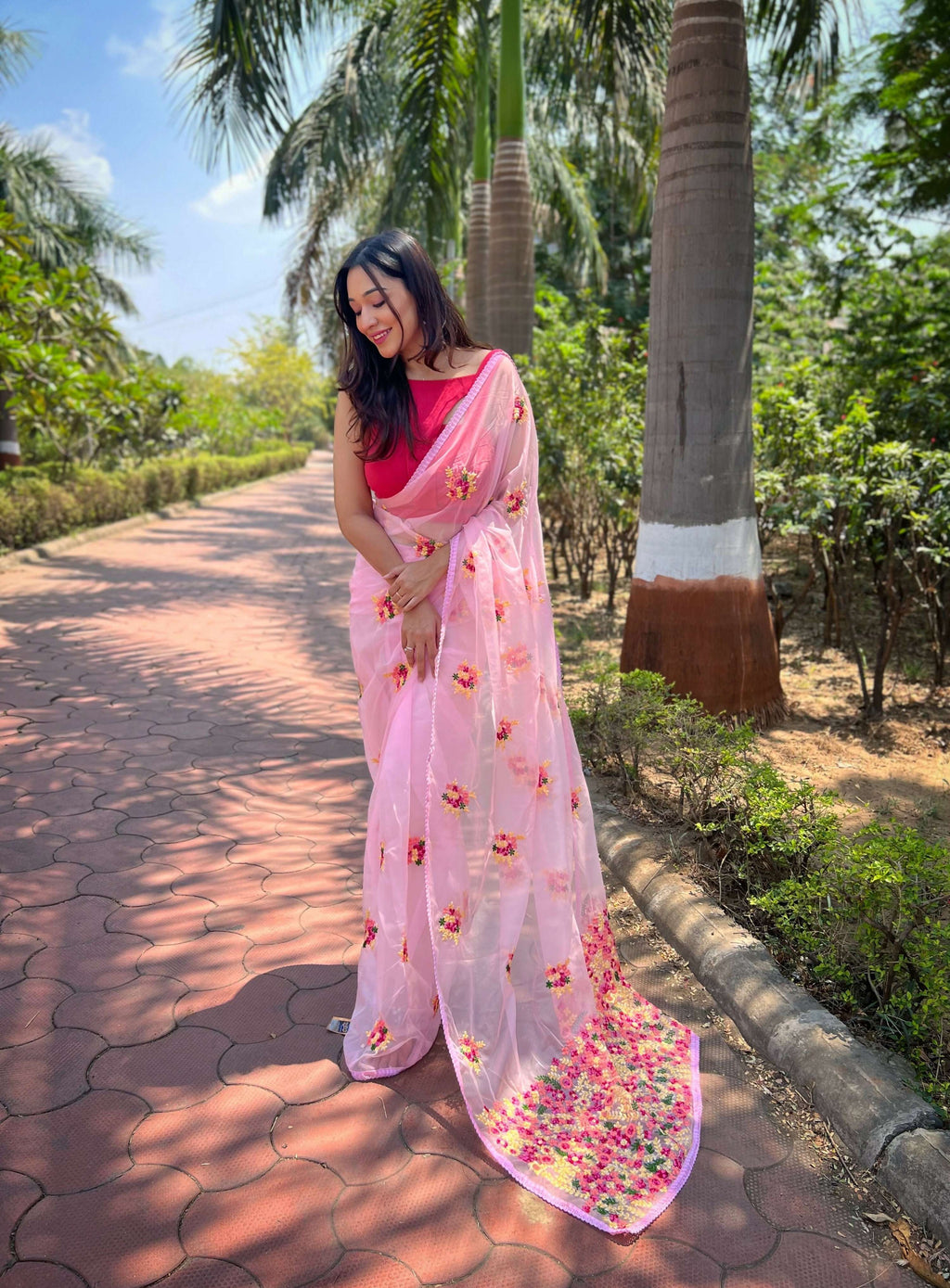 Vamsee Red-Garden Pink Organza Saree