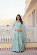 Vastranavya Faux Georgette with Zari & Sequins Embroidery Work Gown with Dupatta - Turquoise