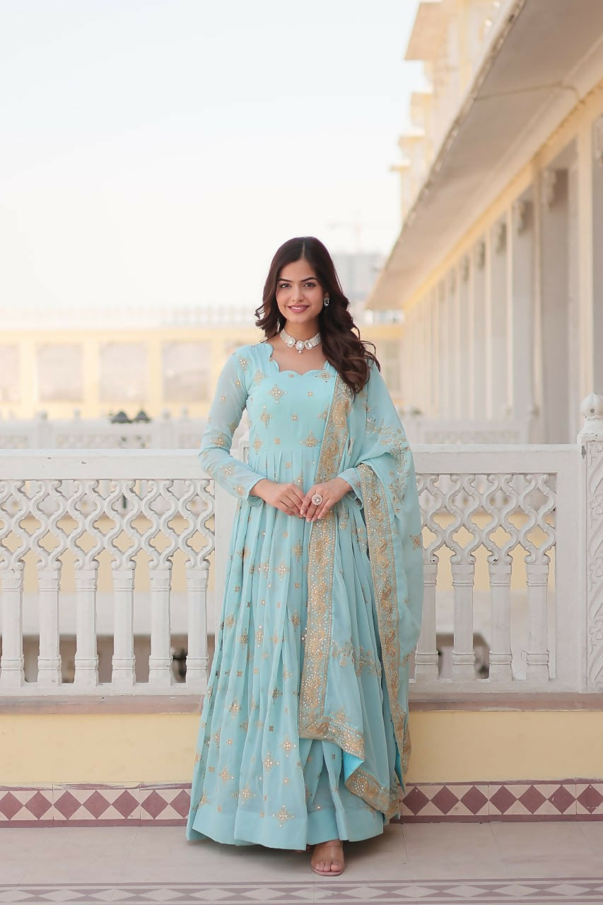 Vastranavya Faux Georgette with Zari & Sequins Embroidery Work Gown with Dupatta - Turquoise