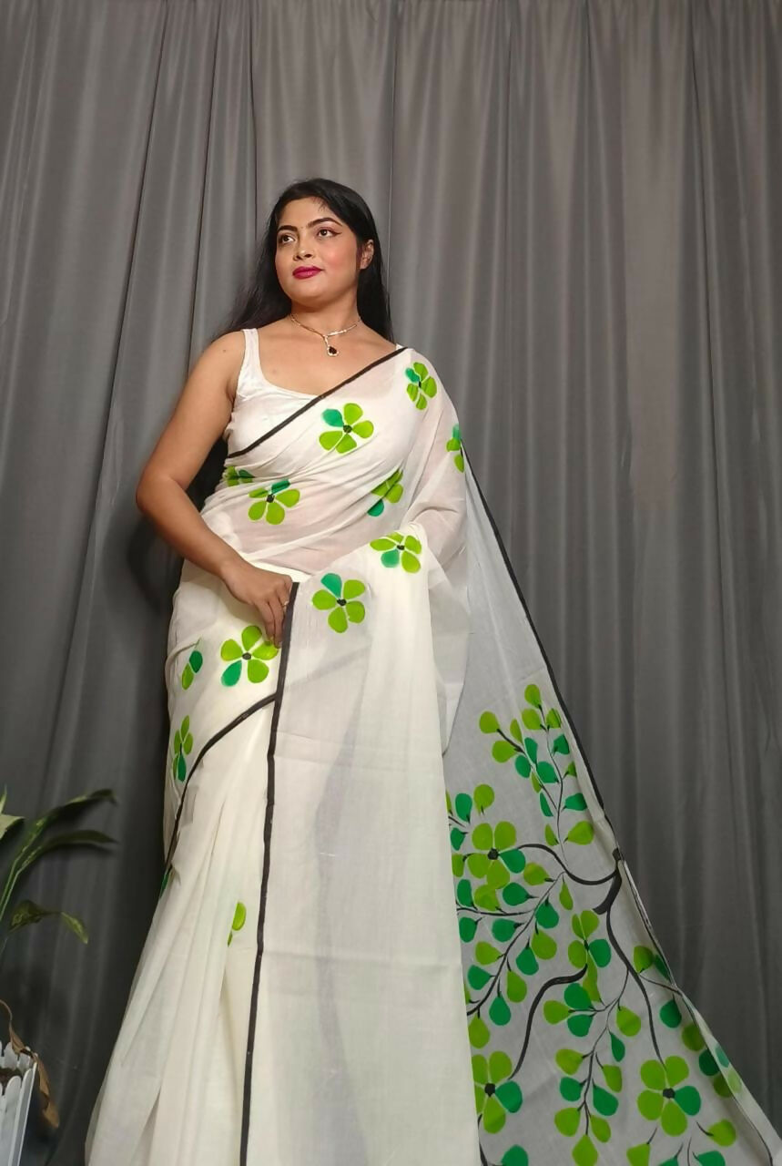 Exclusive Collection Beautiful White Light Green Pure Cotton Hand Print Handloom Saree With Running Blouse Piece