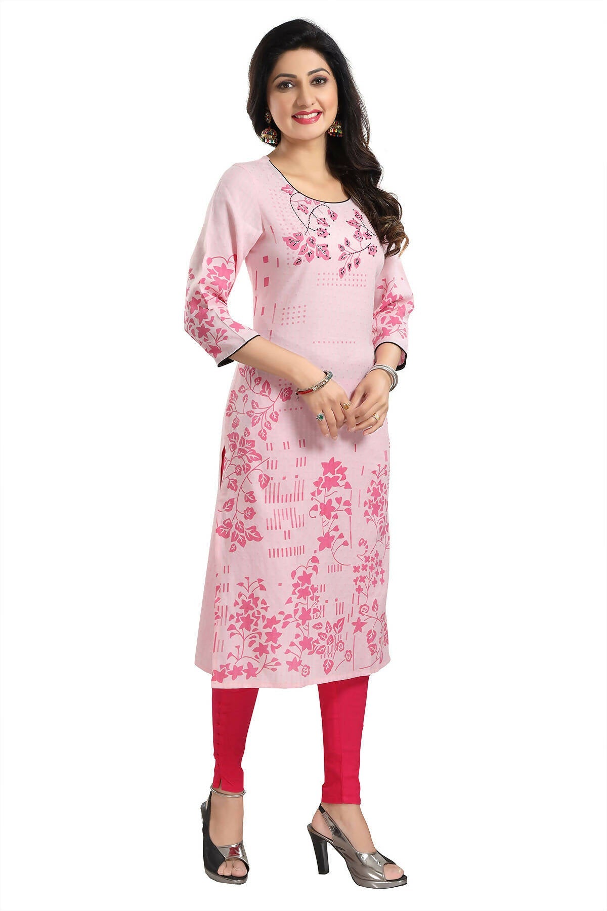 Snehal Creations Pretty Pink Rayon Textured Print Long Kurta For Women