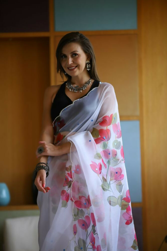 Vamsee Dhruti2 White Organza Saree
