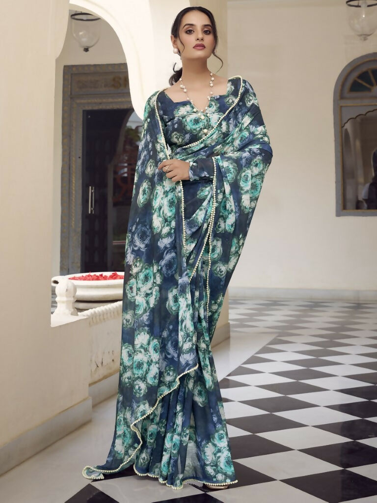 Vastranavya Navy Blue Weightless Marble Printed & Pearl Lace Border Saree with Unstitched Blouse
