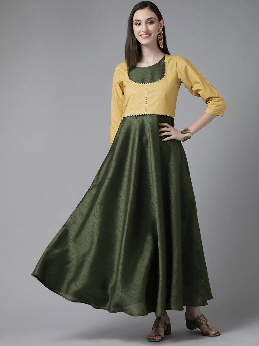 Ahalyaa Womens Olive Art Silk Solid Dress with Jacket