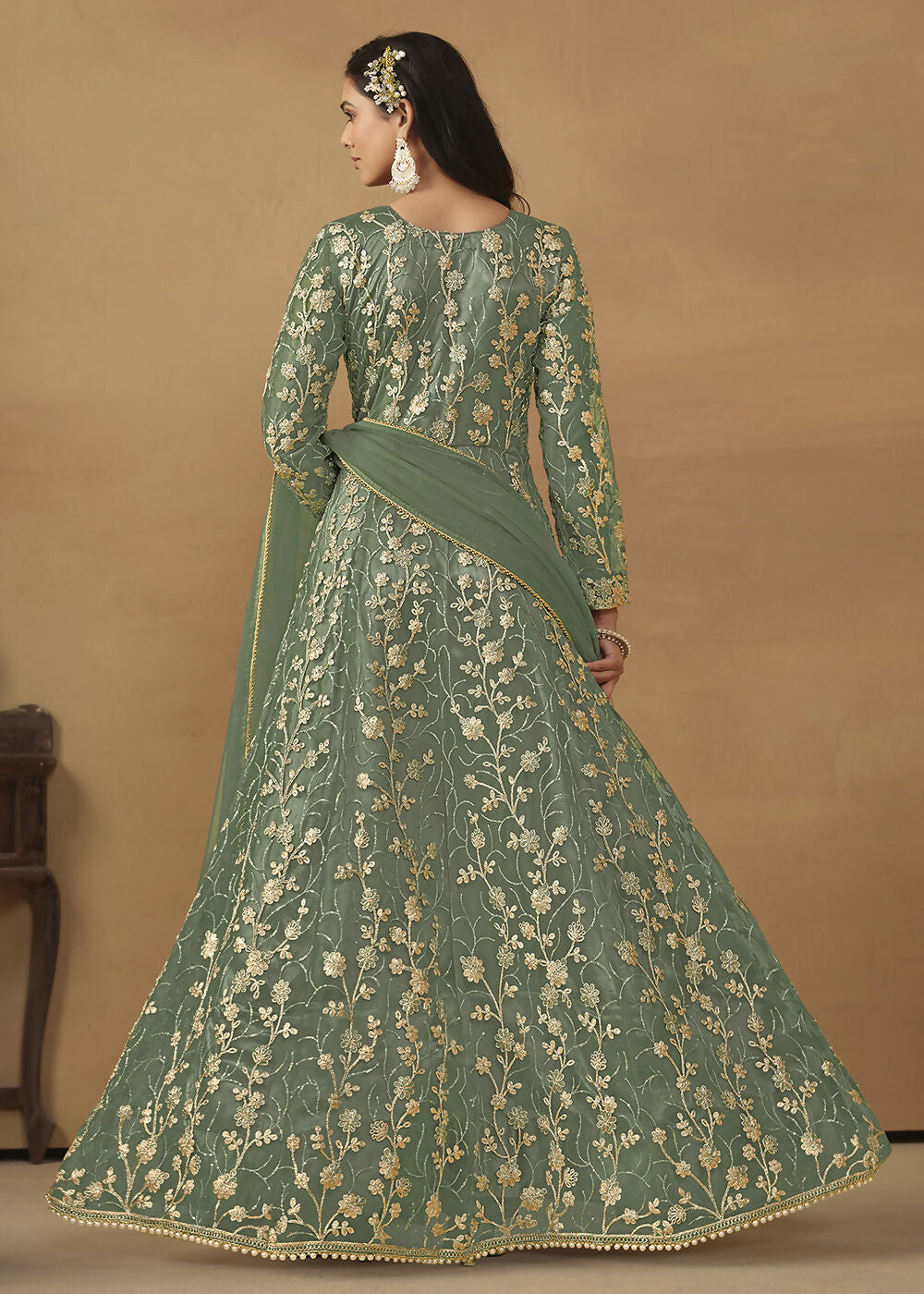 Pant Style Sage Green Embroidered Net Wedding Anarkali Suit - Emponline