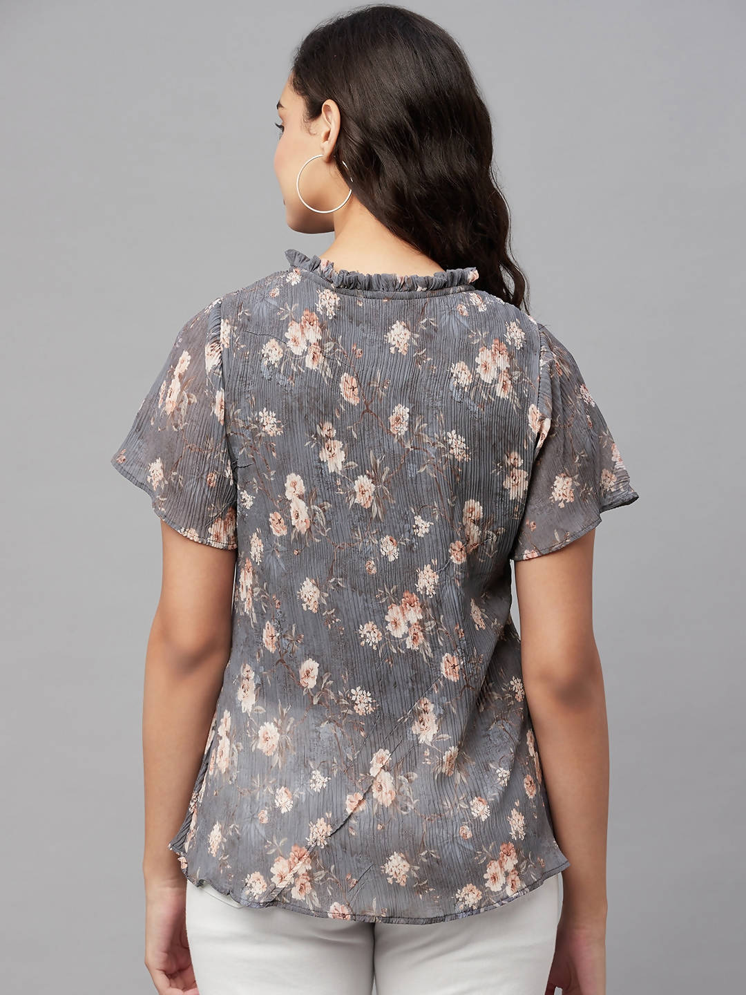 Myshka Grey Printed Half Sleeve Round Neck Top