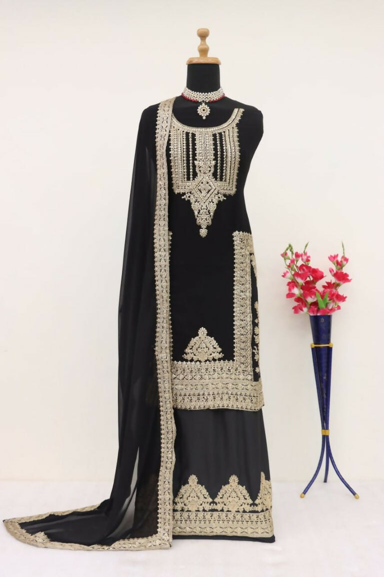 Vastranavya Gorgeous Black Faux Georgette with Embroidery 3mm Sequence & Coding Work Pakistani Straight Pant Suit