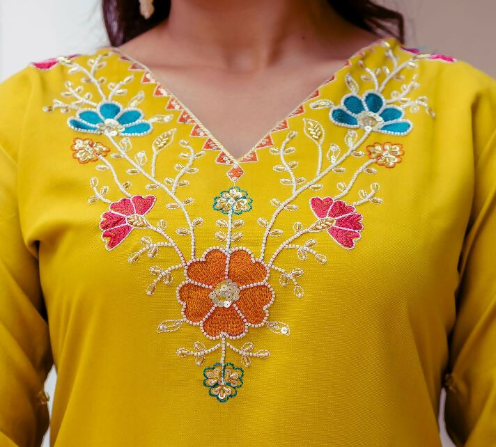 The52 Yellow Women's Gorgeous Embroidered work Viscose Gadhwal Fabric Straight Kurta, Pant and Dupatta Set