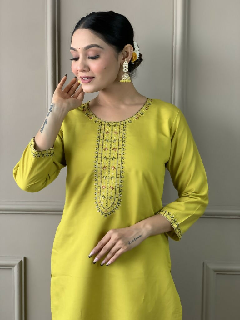 Lemon Viscose chanderi Stitched Suit With Dupatta - Tanisha