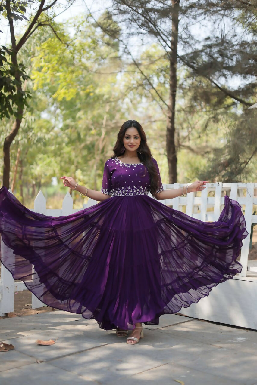 Vastranavya Faux Blooming with Beads embroidery-work Gown - Purple