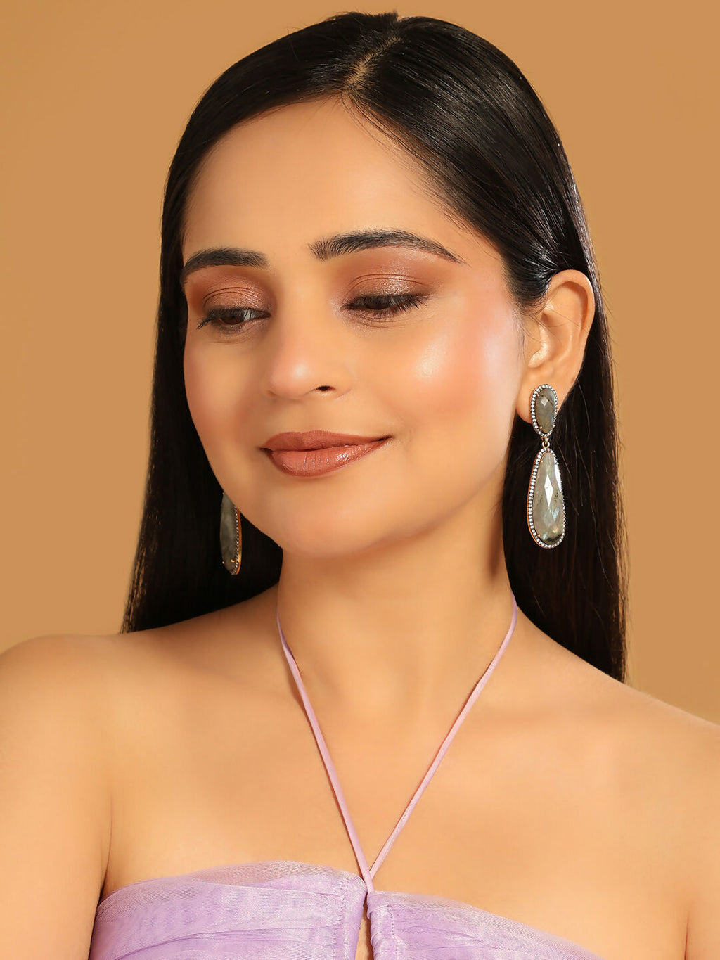 Nuyug 22K Gold Plated Labradorite Stone Contemporary Drop Earrings