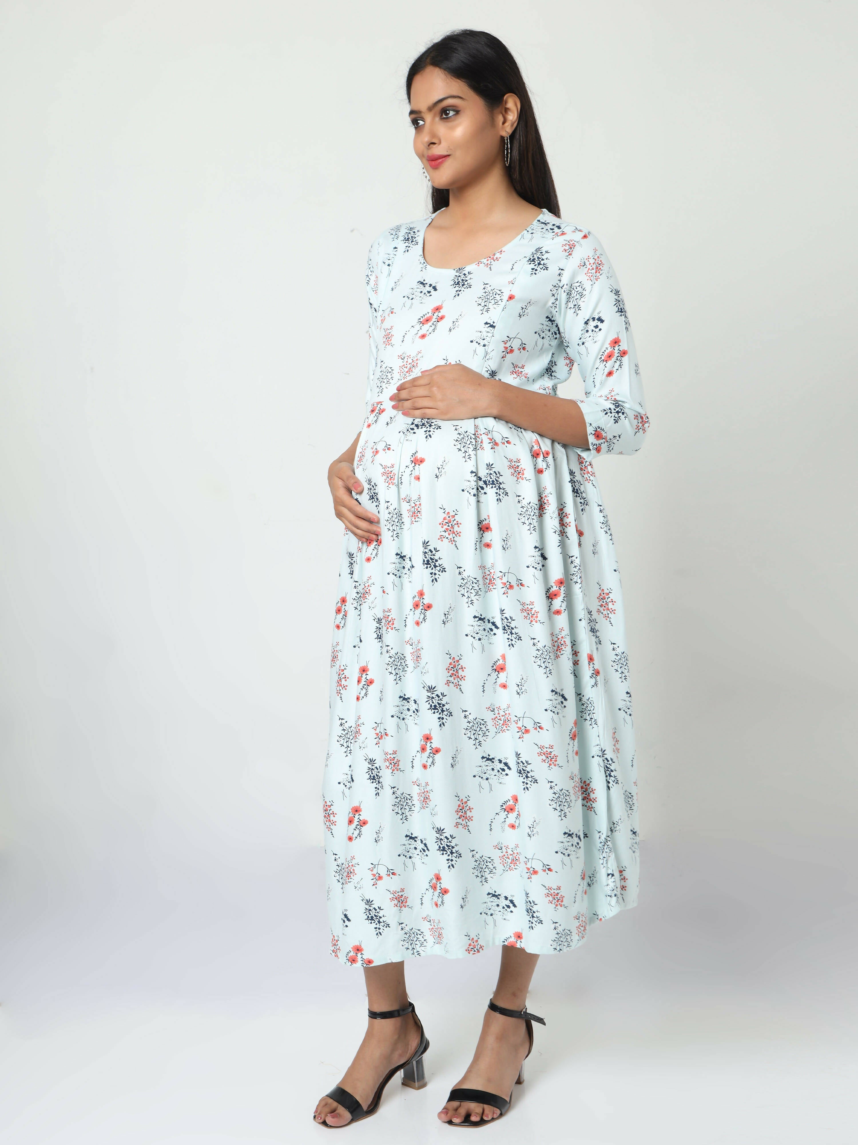 Manet Three Fourth Maternity Dress Floral Print With Concealed Zipper Nursing Access - Pista Green