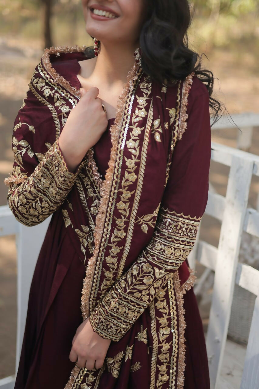 Vastranavya Premium Vichitra Shimmer with Rich Sequins Embroidered work Gown & Dupatta - Dark Maroon