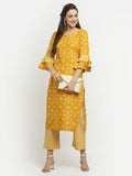 Rudra Bazaar Mustard Printed Bell Sleeve Straight Kurta with Striped Pyjamas