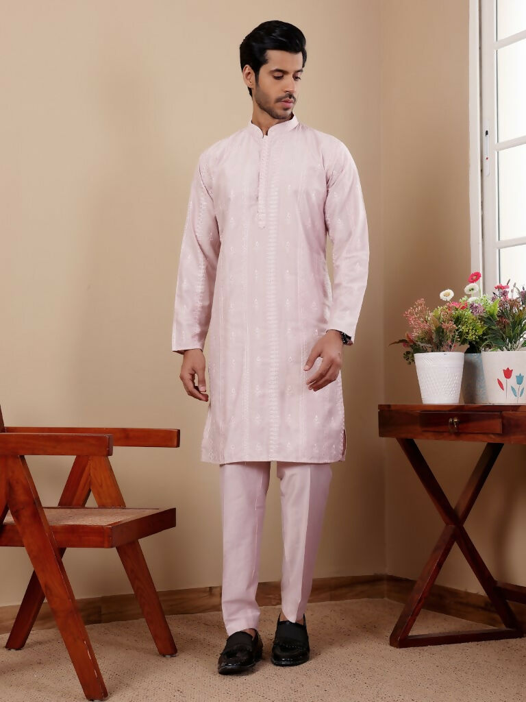 Light Pink Silk Designer Embroidery Work Men's Rajwadi Kurta Set - Mahotsav