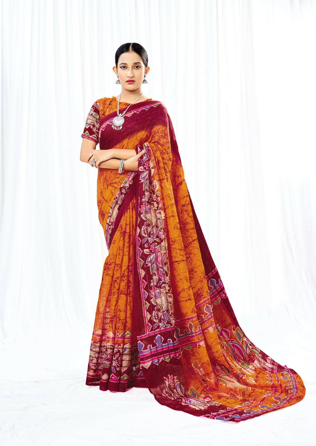 Orange Chanderi Cotton Floral Printed Saree With Unstitched Blouse Piece - Kathika