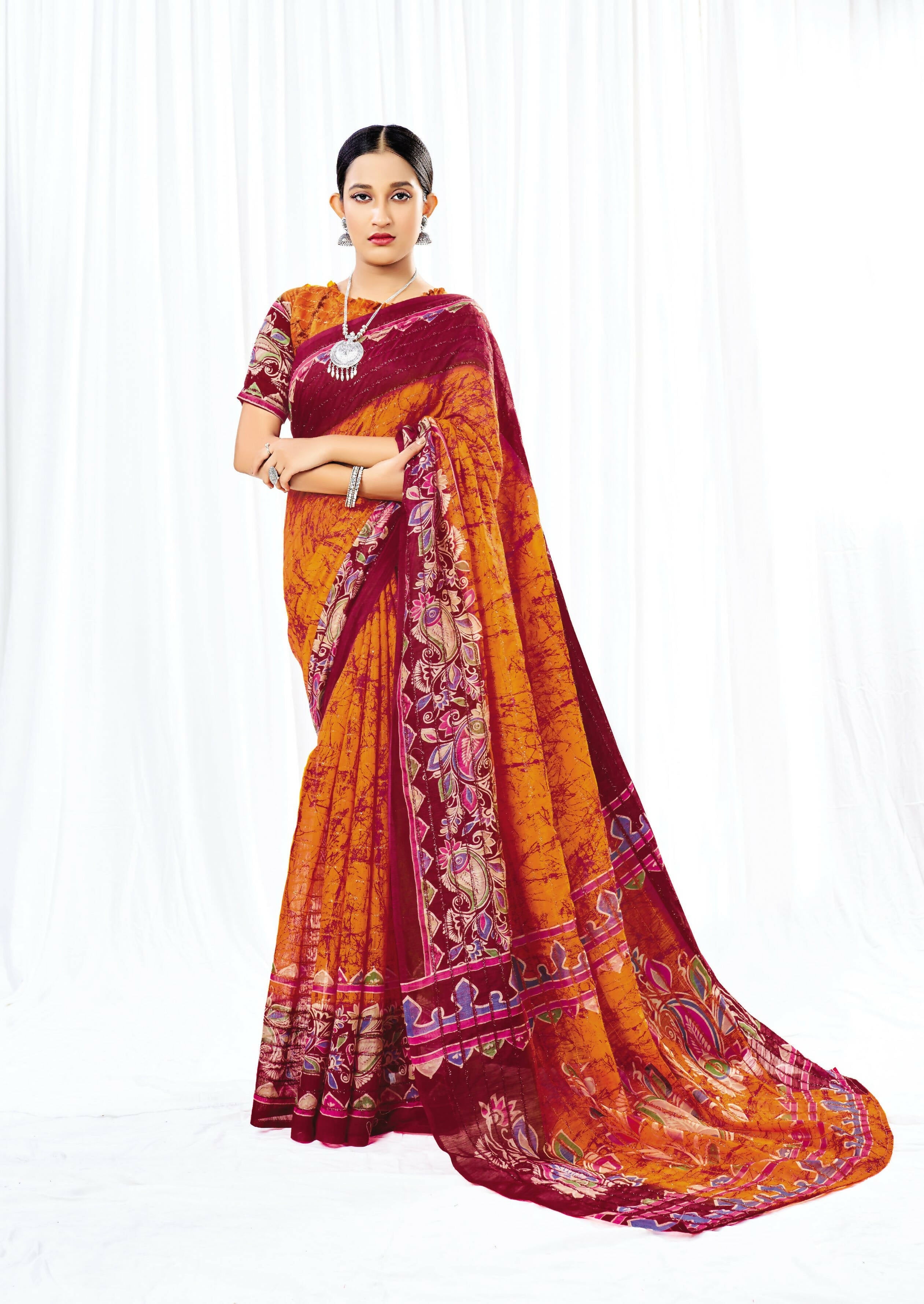 Orange Chanderi Cotton Floral Printed Saree With Unstitched Blouse Piece - Kathika