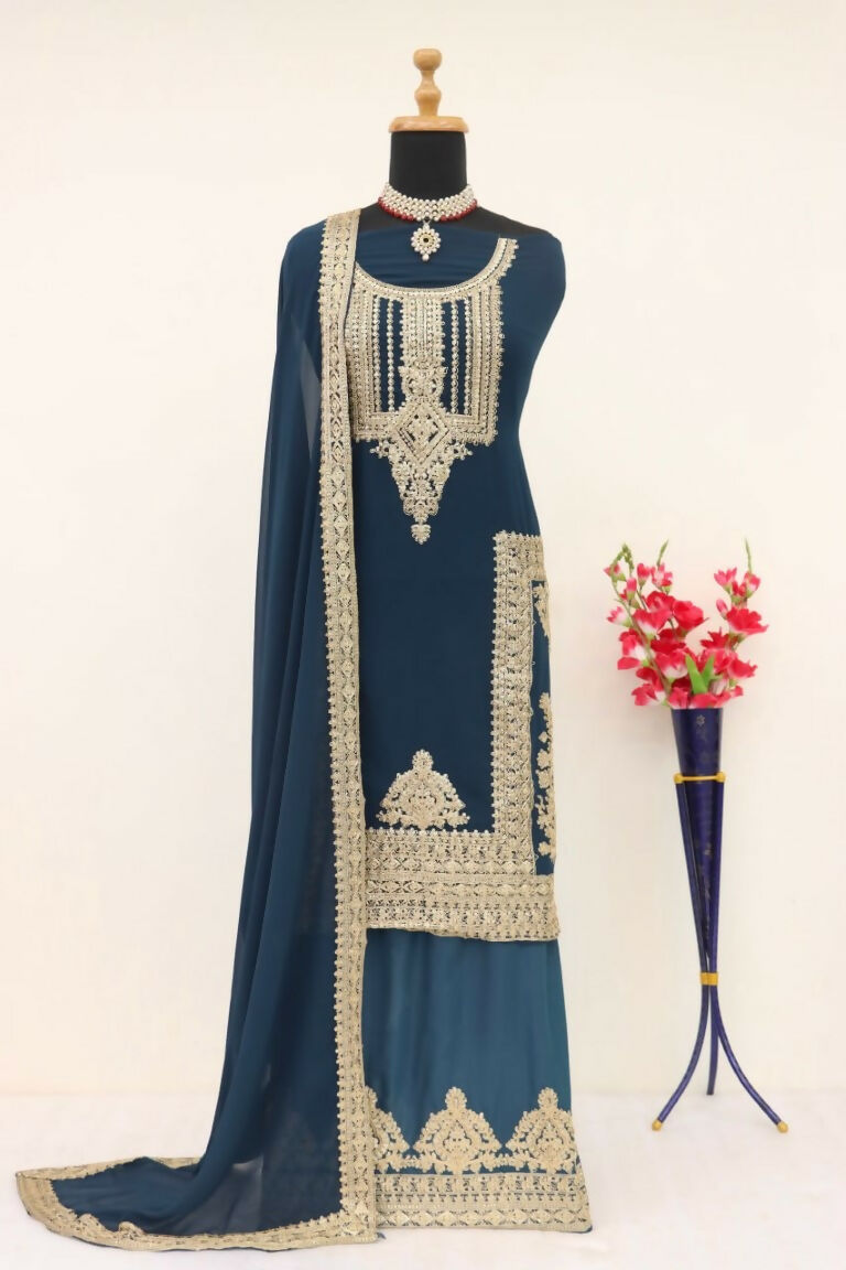Vastranavya Gorgeous Teal Faux Georgette with Embroidery 3mm Sequence & Coding Work Pakistani Straight Pant Suit