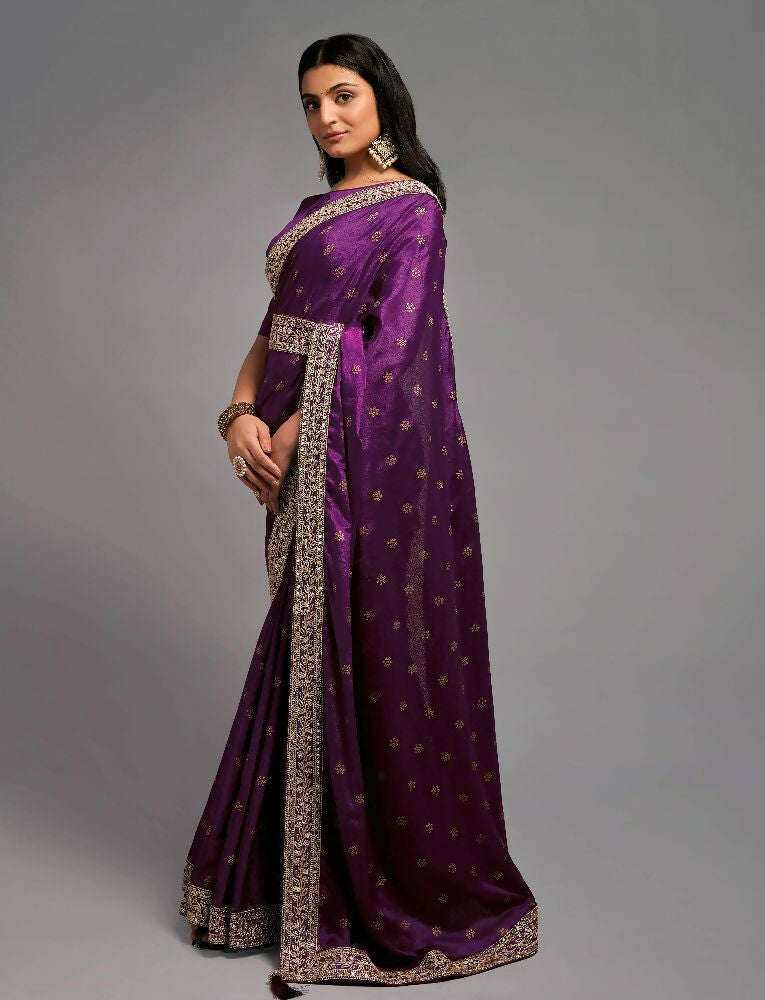 PR Fashion Wine Chinon Embroidery Lace Saree