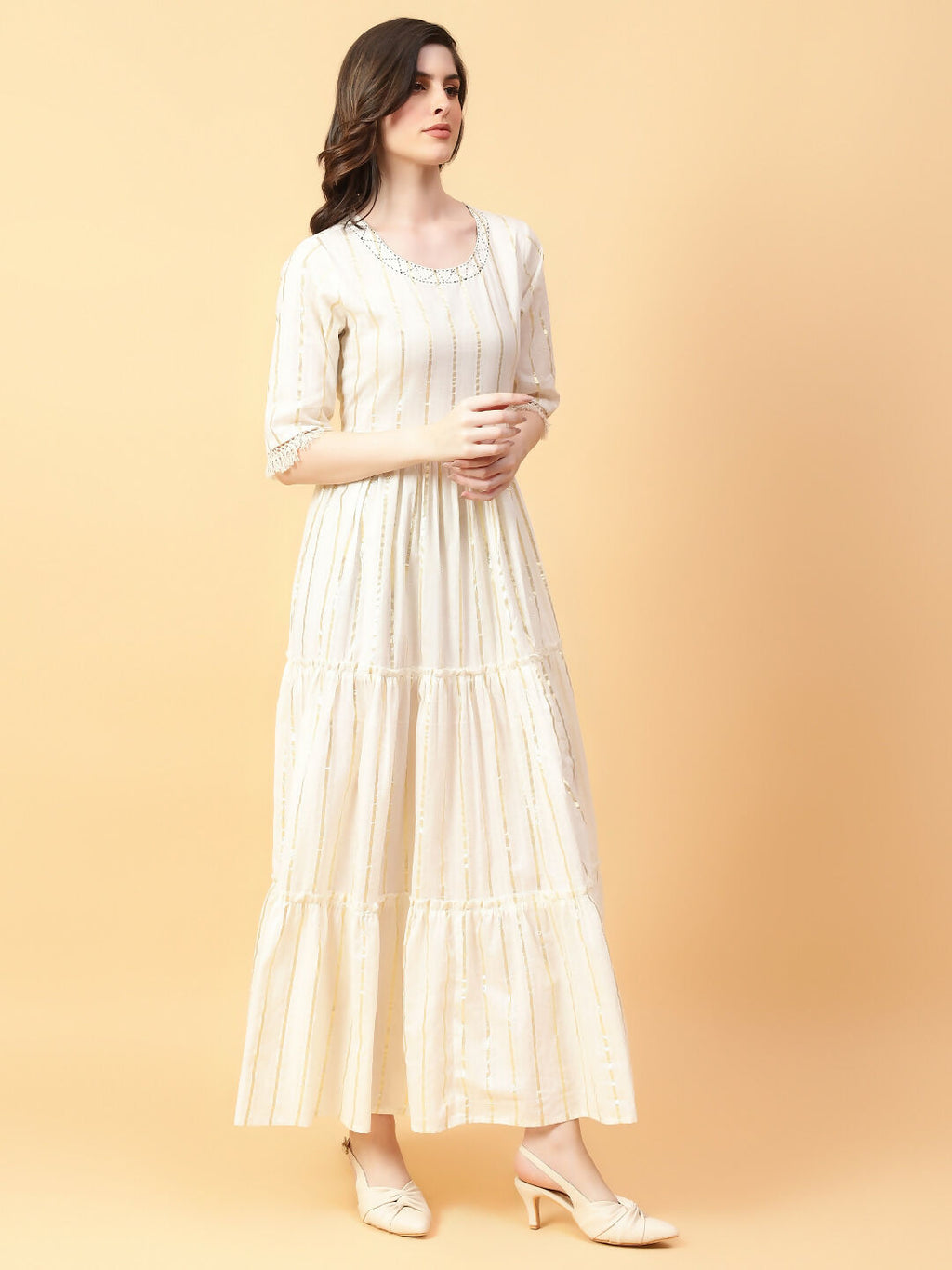 Joban Fashion Cream Cotton Lurx & Hand Work Dress