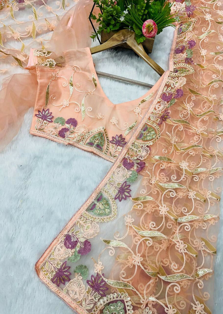 Vastranavya Soft Crush Georgette With Embroidery and Foil Multi Thread Work Saree - Peach