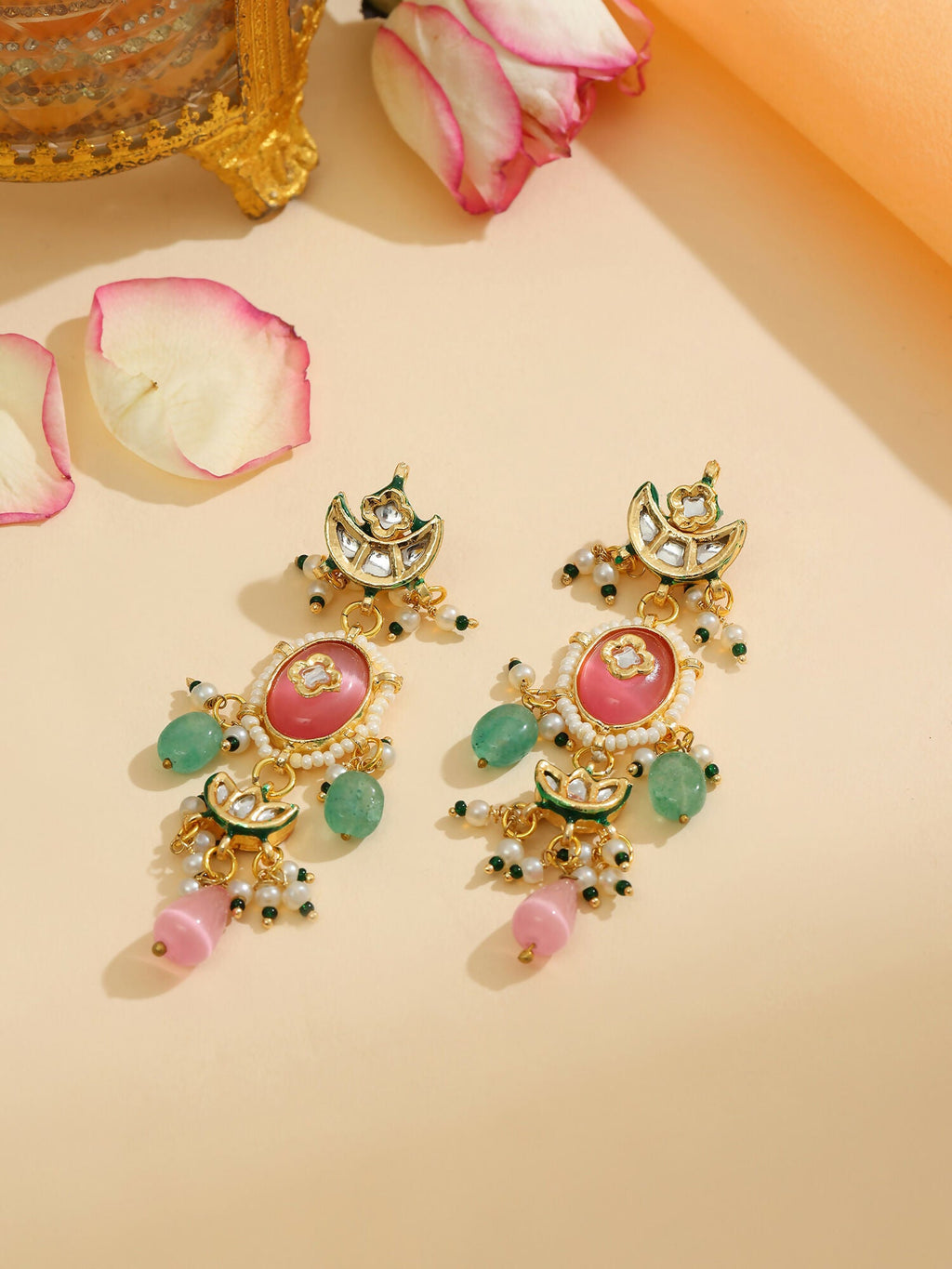 Ruby Raang 22k Gold Polished Blush Pink Kundan Earrings
