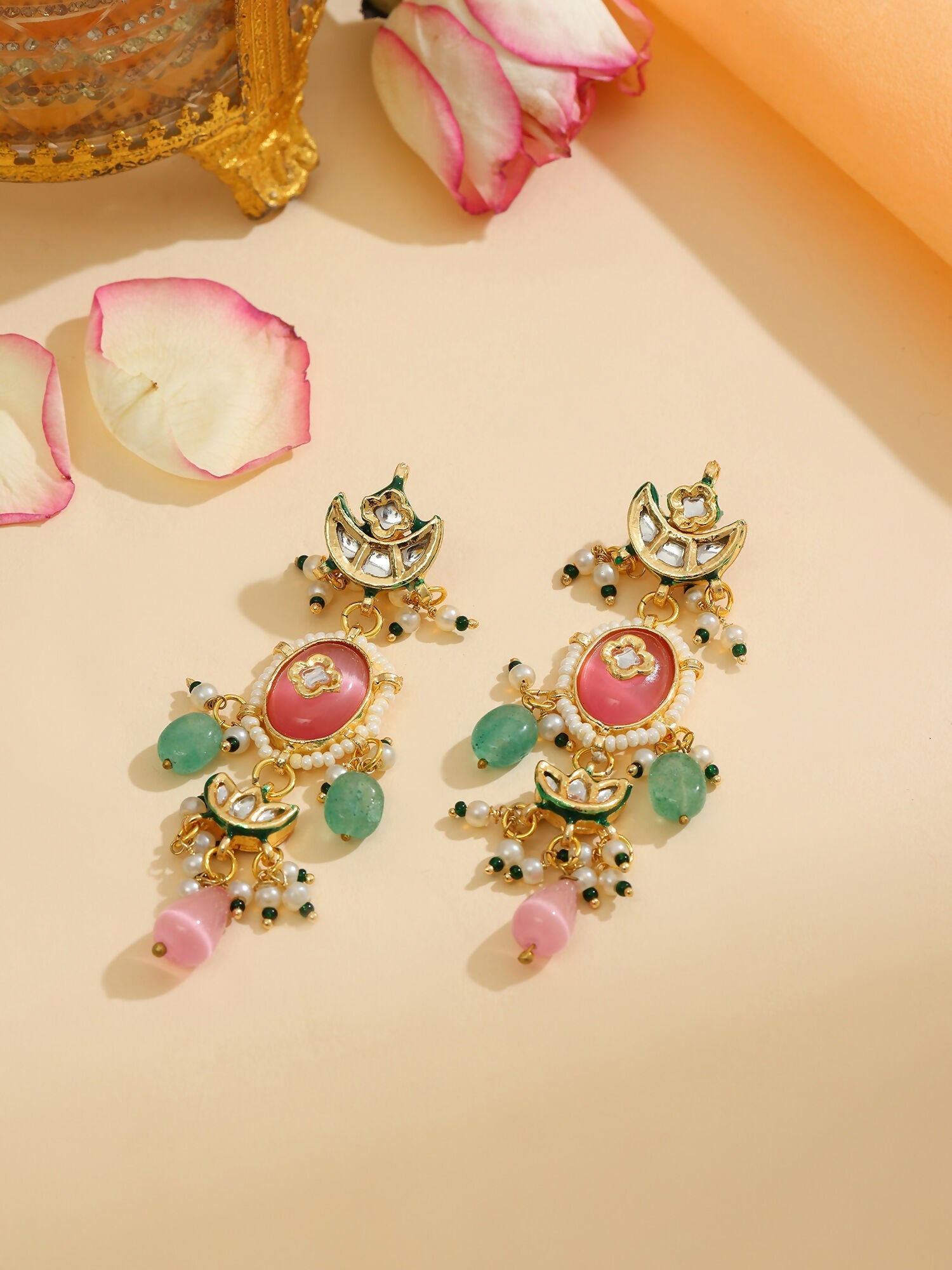 Ruby Raang 22k Gold Polished Blush Pink Kundan Earrings