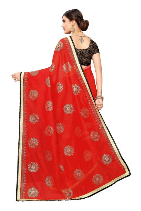 Vamika Chanderi Cotton Foil Print Red Saree (GOLDEN BIRD Red)