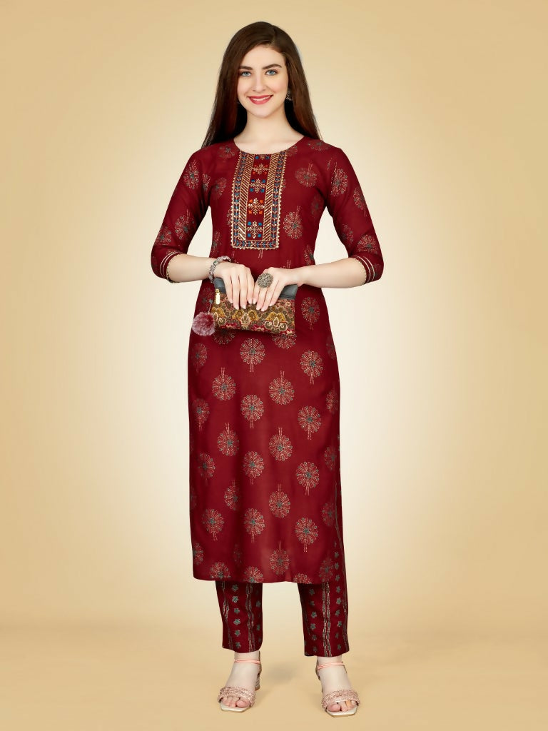 Jyoti Fashion Women's Maroon Viscose Rayon Embroidered Kurta Pant Set
